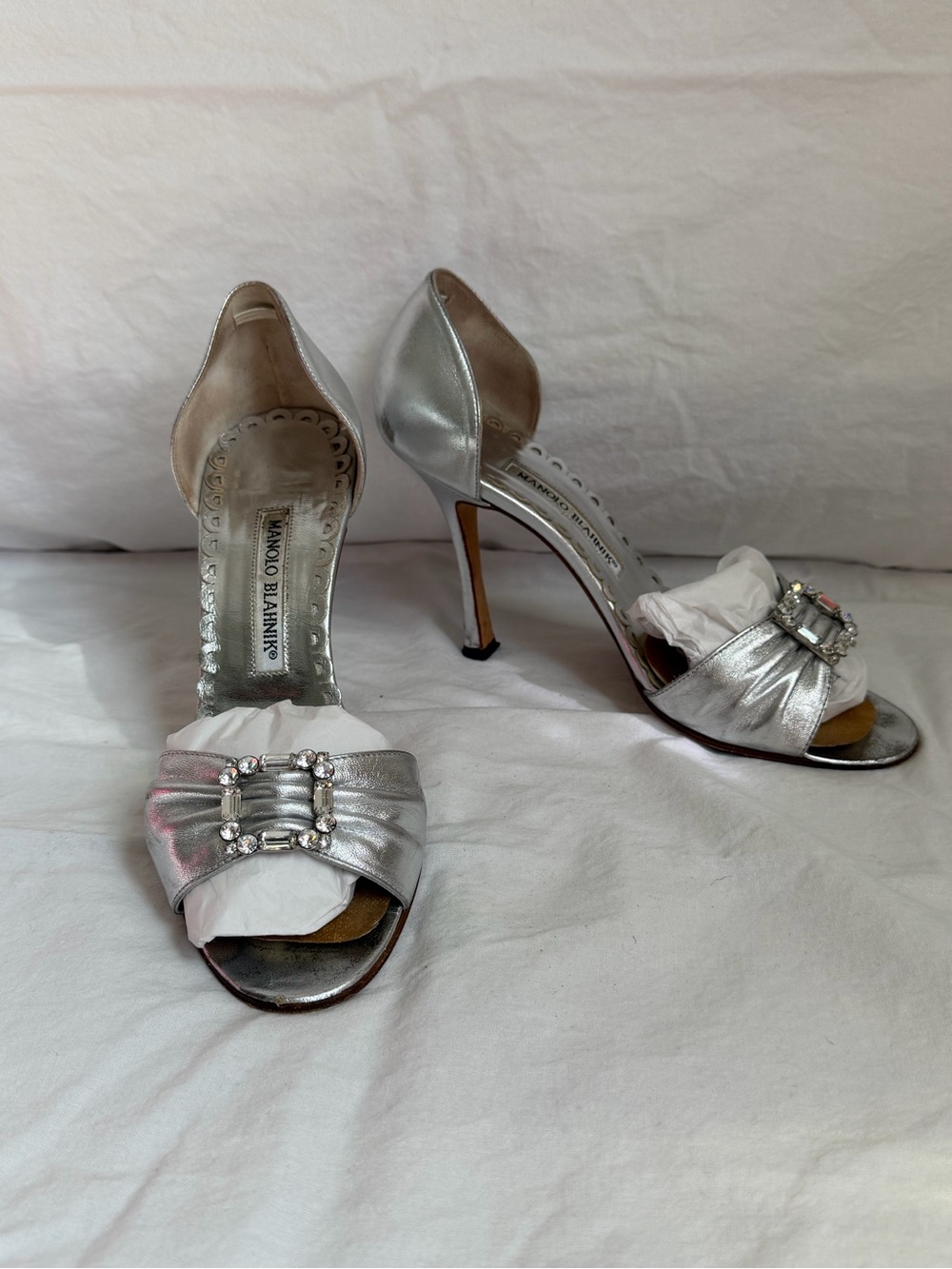 Manolo Blahnik Silver D'Orsay Open-Toe Heels with Crystal Buckle SATC
